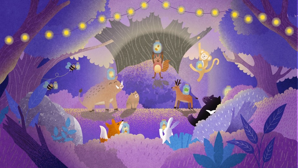 Bond’s original forest illustration: woodland animals, including a Formosan black bear, gather with glowing jars beneath a tree.