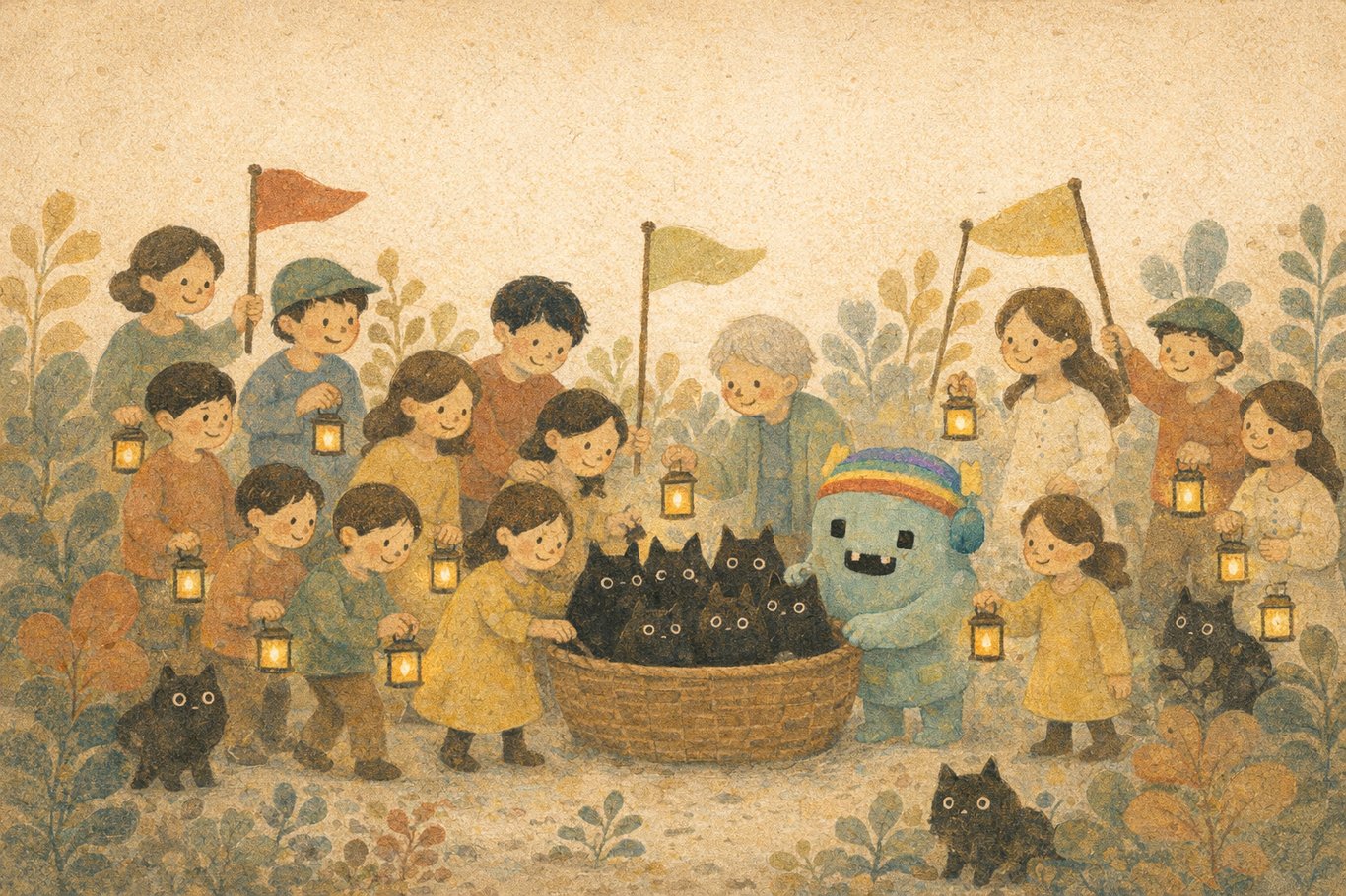 馬特市社群成員與黑色小怪物提燈相聚的插畫